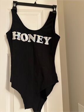 gaze Black One-Piece Bodysuit with Iridescent HONEY Lettering